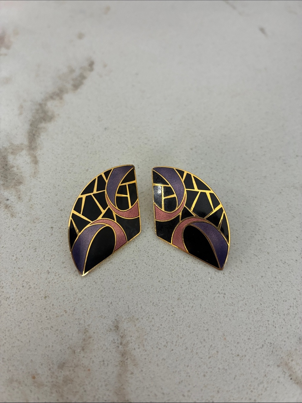Gold-Tone Geo Enamel Statement Earrings in Black, Purple & Rose by Yasuki Hanyu